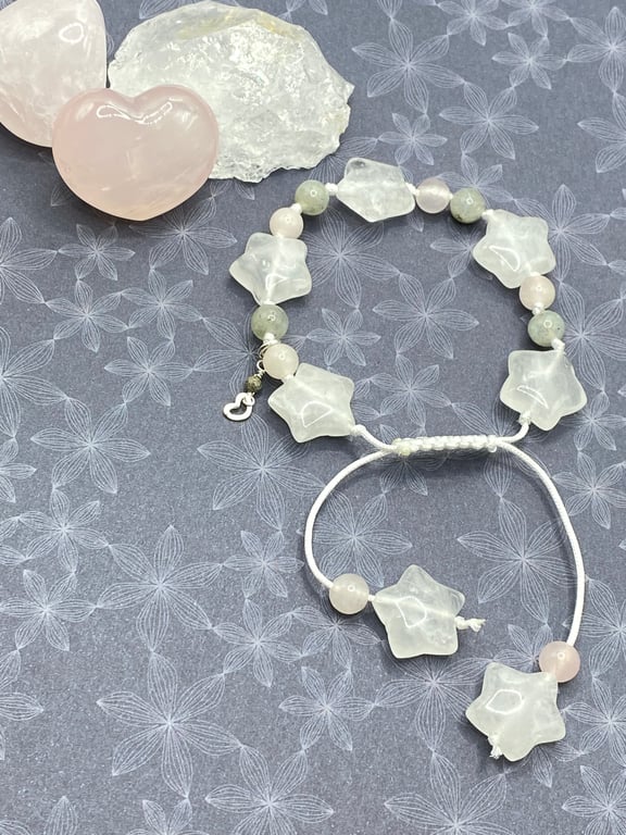 Knotted cord bracelet with clear quartz stars, rose quartz and labradorite 