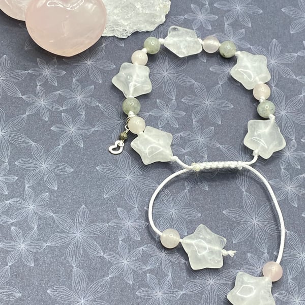 Knotted cord bracelet with clear quartz stars, rose quartz and labradorite 