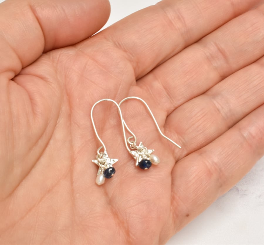 Tiny Heart with Blue Sapphire and White Seed Pearl Cluster Earrings