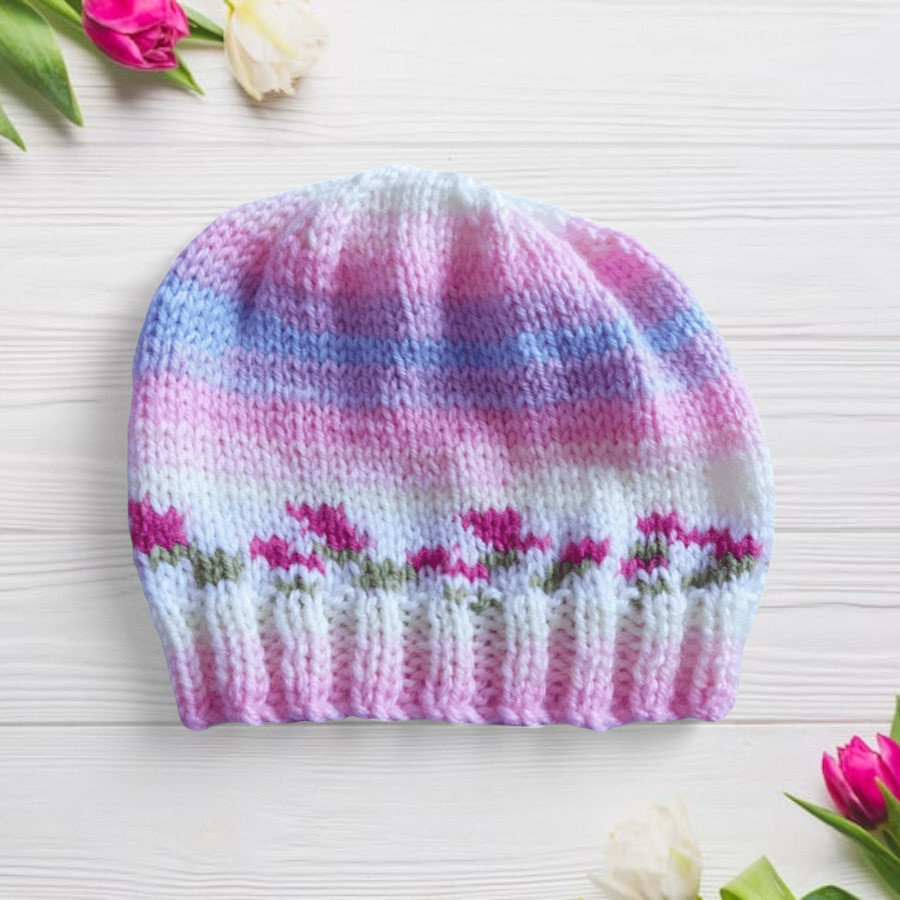 Image of Pink Flowers Baby Hat Hand Knitted, Newborn Beanie 0-3 Months, Girls Beanie 