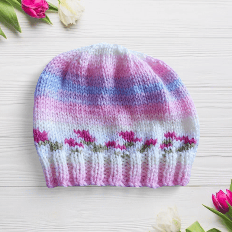 Pink Flowers Baby Hat Hand Knitted, Newborn Beanie 0-3 Months, Girls Beanie 