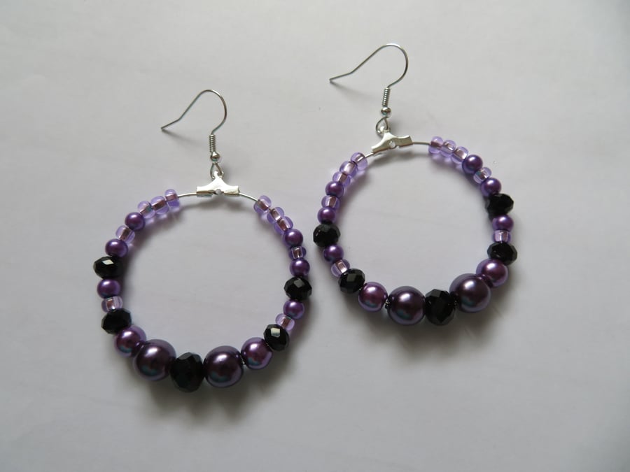 Purple & Black Crystal and Pearl Bead Beaded Retro Hoop Earrings