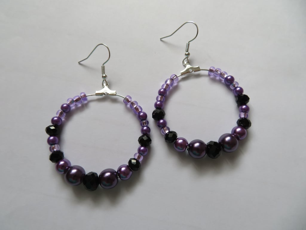 Purple & Black Crystal and Pearl Bead Beaded Retro Hoop Earrings