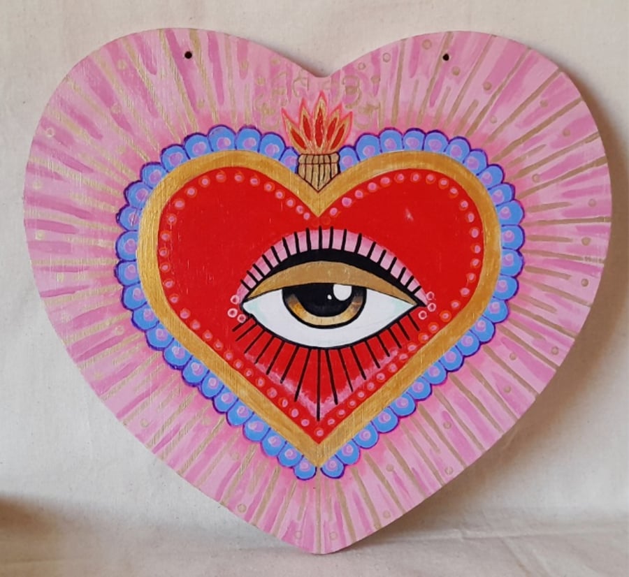 Sacred Heart of Sight - Hand-Painted Talisman on Reclaimed Wood Wall Hanging