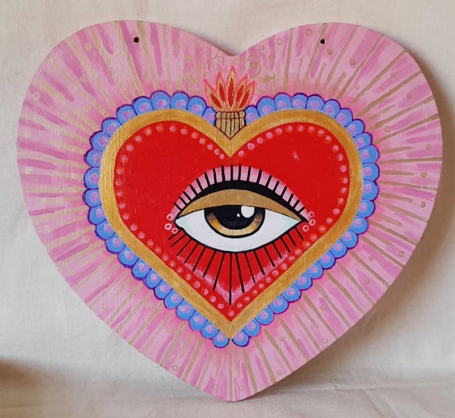 Sacred Heart of Sight - Hand-Painted Talisman on Reclaimed Wood Wall Hanging