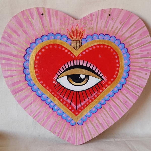 Sacred Heart of Sight - Hand-Painted Talisman on Reclaimed Wood Wall Hanging