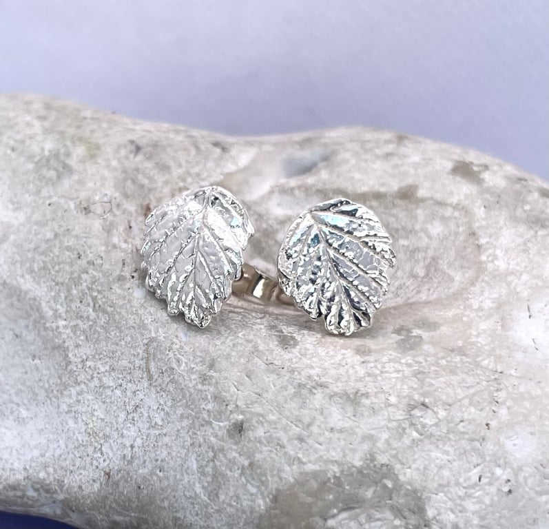 Fine silver leaf stud earrings