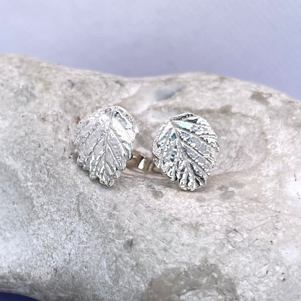 Fine silver leaf stud earrings