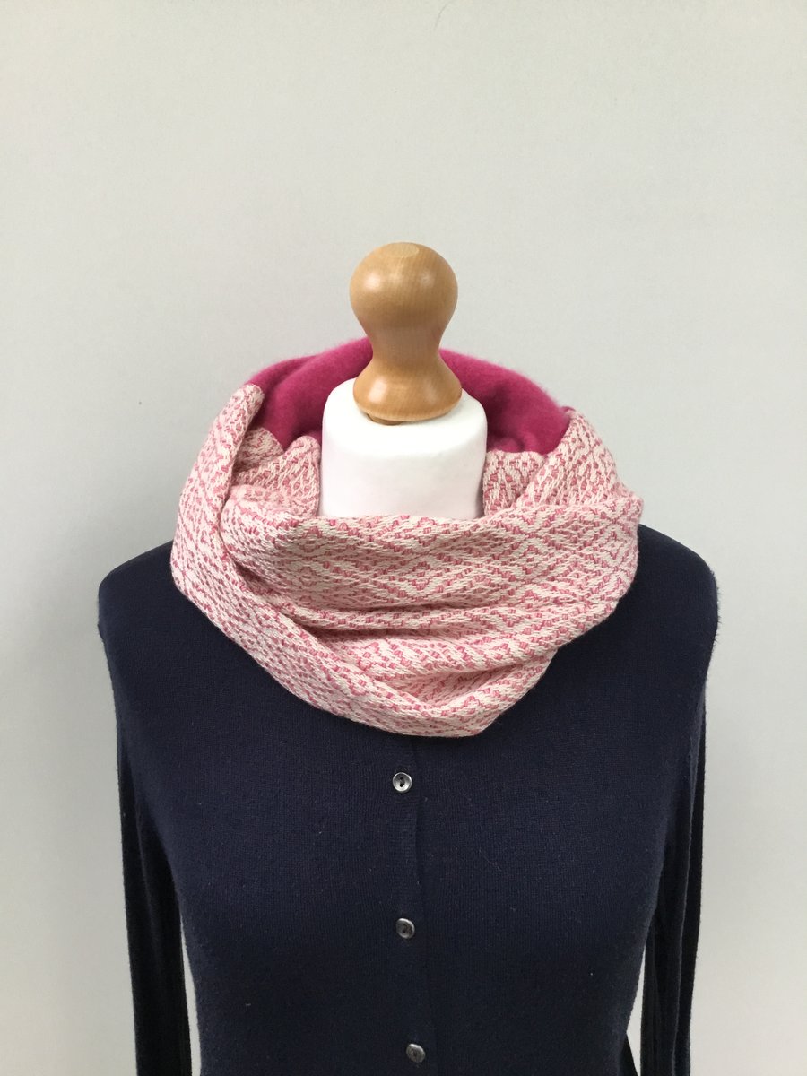 Handwoven pink cotton and cashmere infinity cowl scarf - a luxury stylish gift