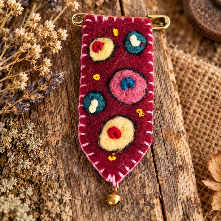 OOAK Needle felted & hand embroidered safety pin brooch. (No.6)