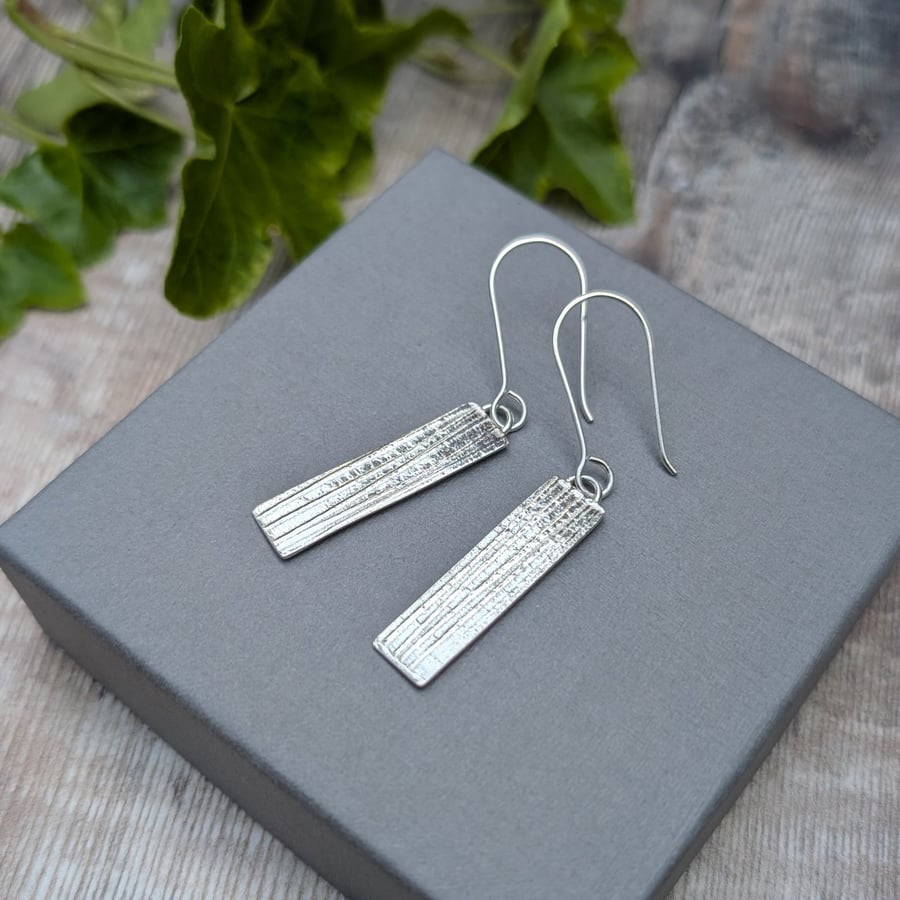 Sterling Silver Long Rectangle Earrings with Ribbon Pattern - JBJ1101