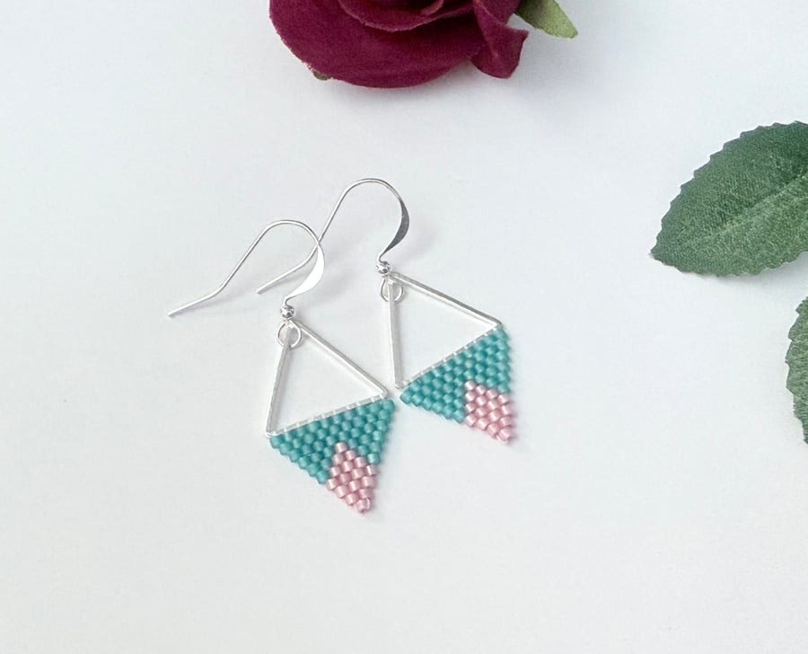 Capri blue and pink beadwork triangle earrings 