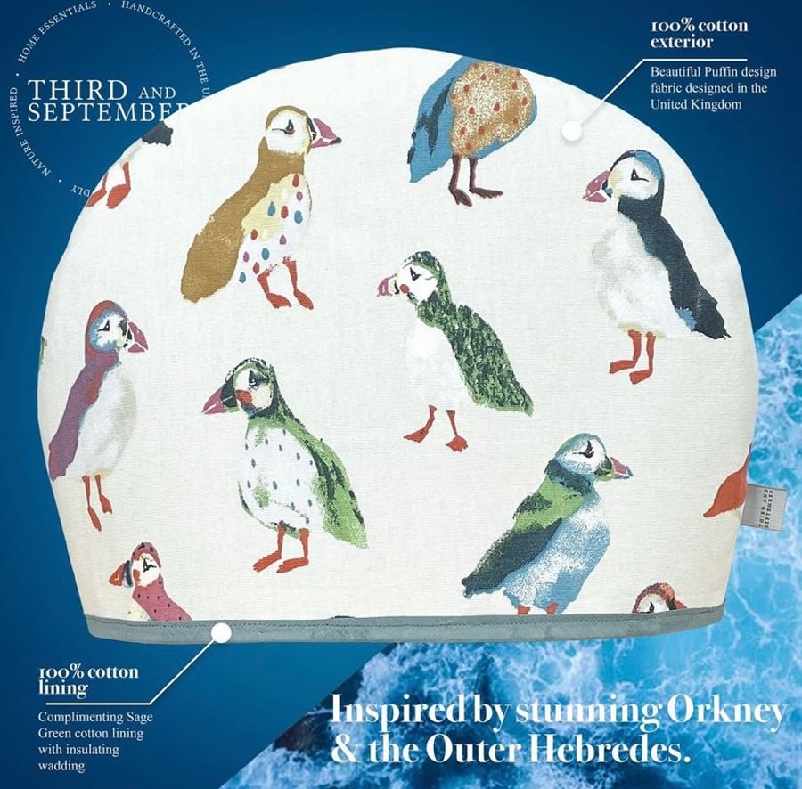 COASTAL LIVING PUFFINS design Tea Cosy fully lined, made in UK. 