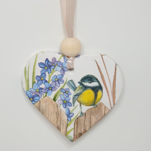 Garden bird clay hanging decoration, great tit, bird lover gift 