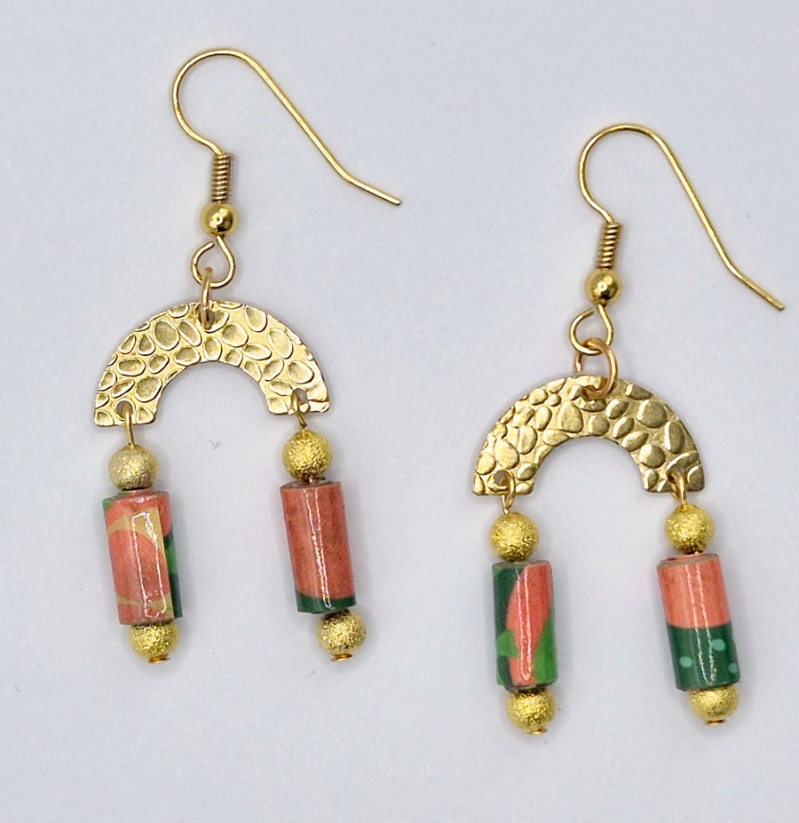 Orange, gold and green pretty paper beaded earrings on golden half moon findings