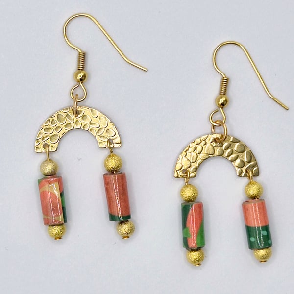 Orange, gold and green pretty paper beaded earrings on golden half moon findings