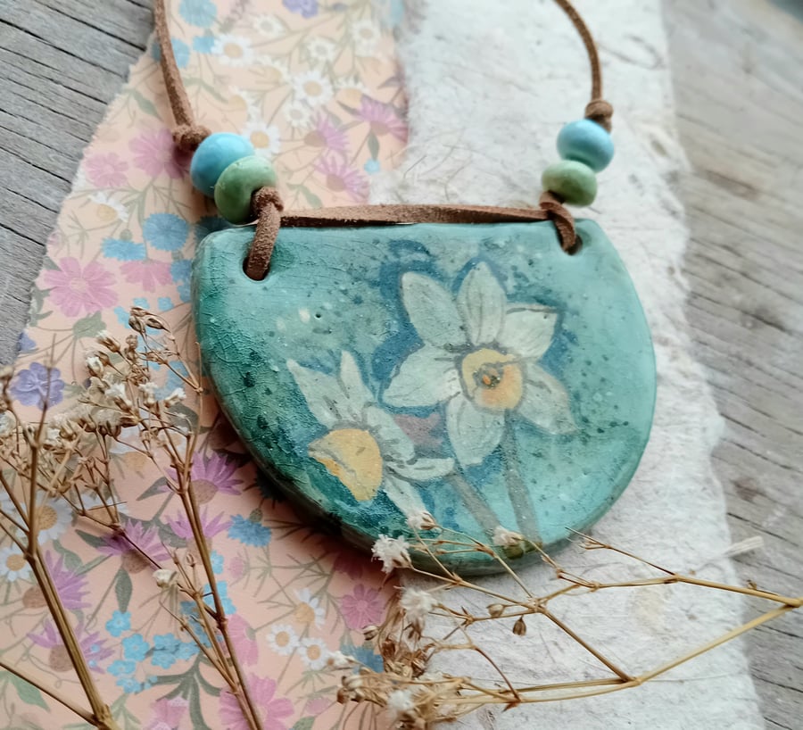 Daffodil necklace pendant rustic porcelain clay yellow green crackle