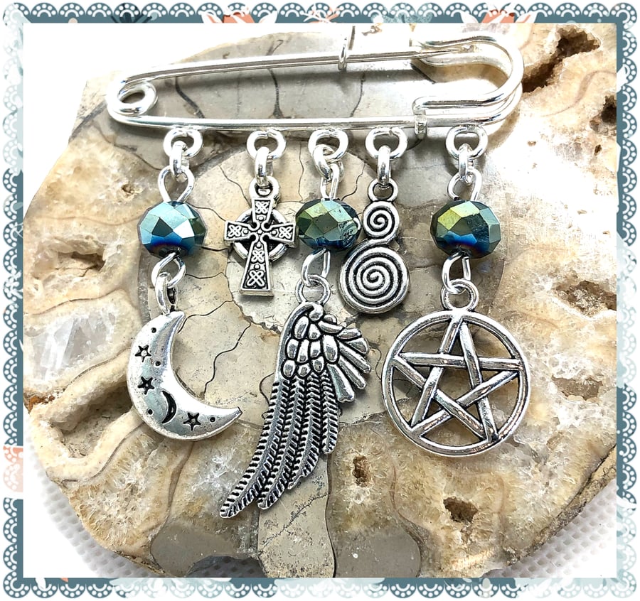  SALE Spiritual pin - One of a Kind with angel wing, Wicca charms