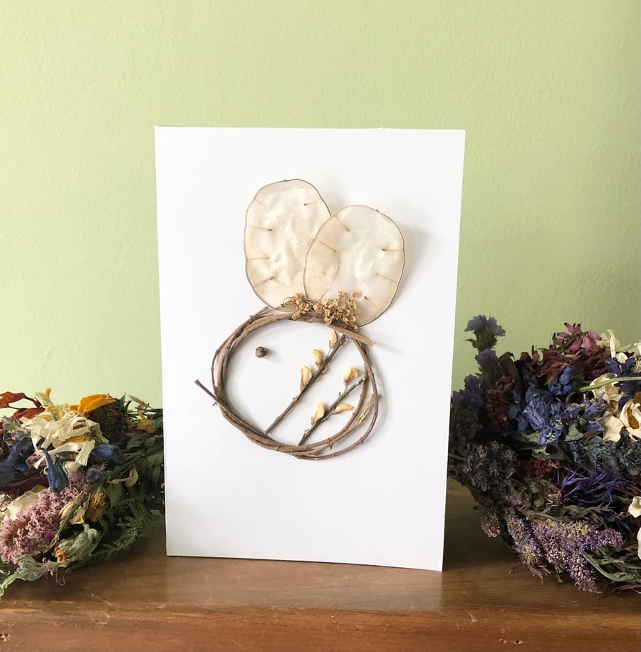 Dried Flower Bee Card. Handmade Bee Card. 