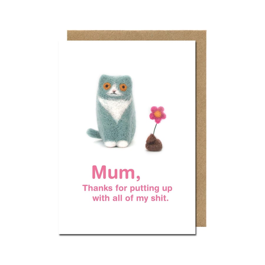 Thank You Mum Card – Funny Needle Felt Cat Illustration Print