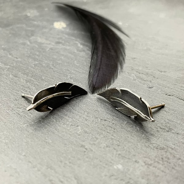 Tiny Handmade, Recycled Sterling Silver Oxidised Earrings -Hanging Feather Stud