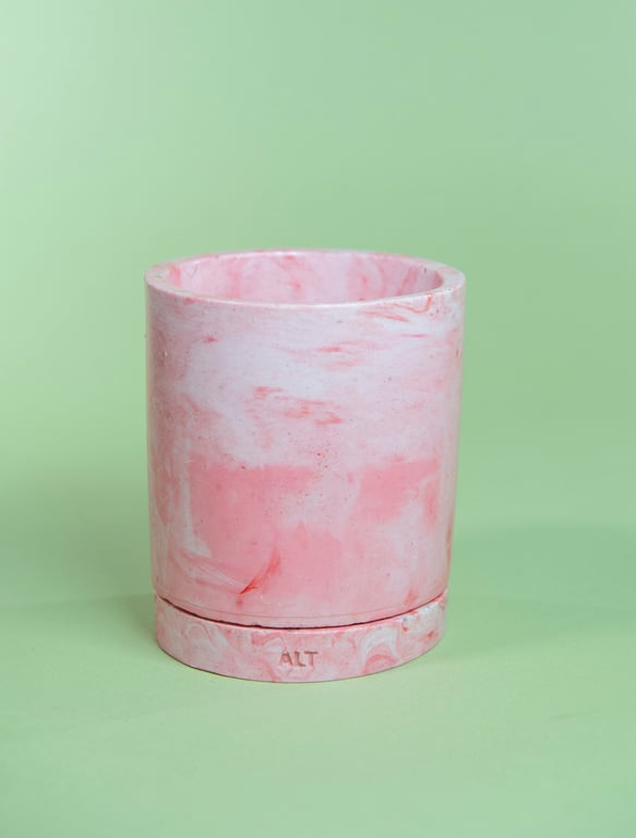 Plant Pot Jesmonite Pink marble, Indoor Planter with Drainage holes & tray
