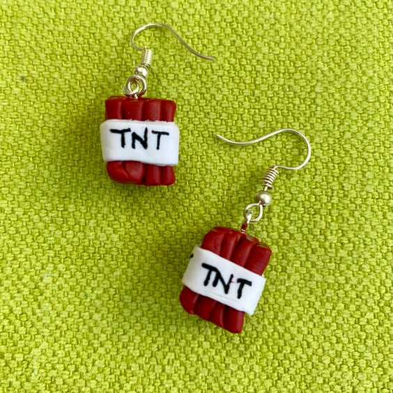Minecraft TNT dynamite explosive gamer polymer clay dangly earrings