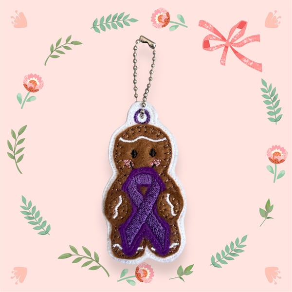Fibromyalgia awareness ribbon Gingerbread person Embroidered keyring
