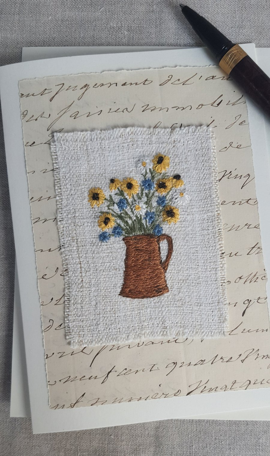 Hand embroidered blank greetings card