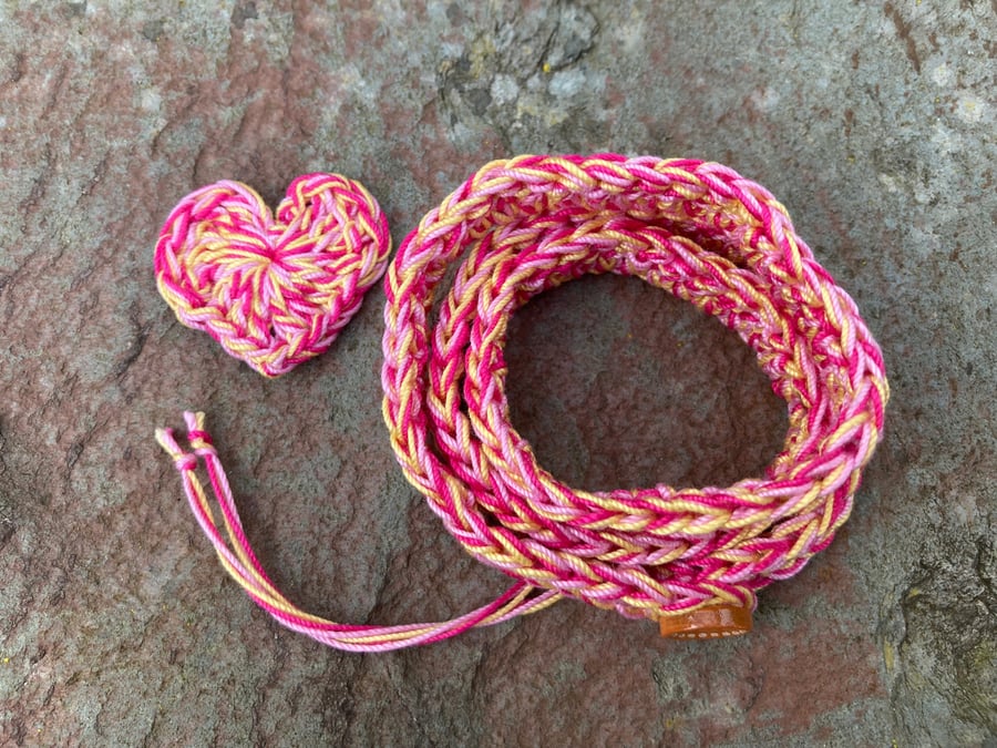 Crochet wrap bracelet with matching heart pin