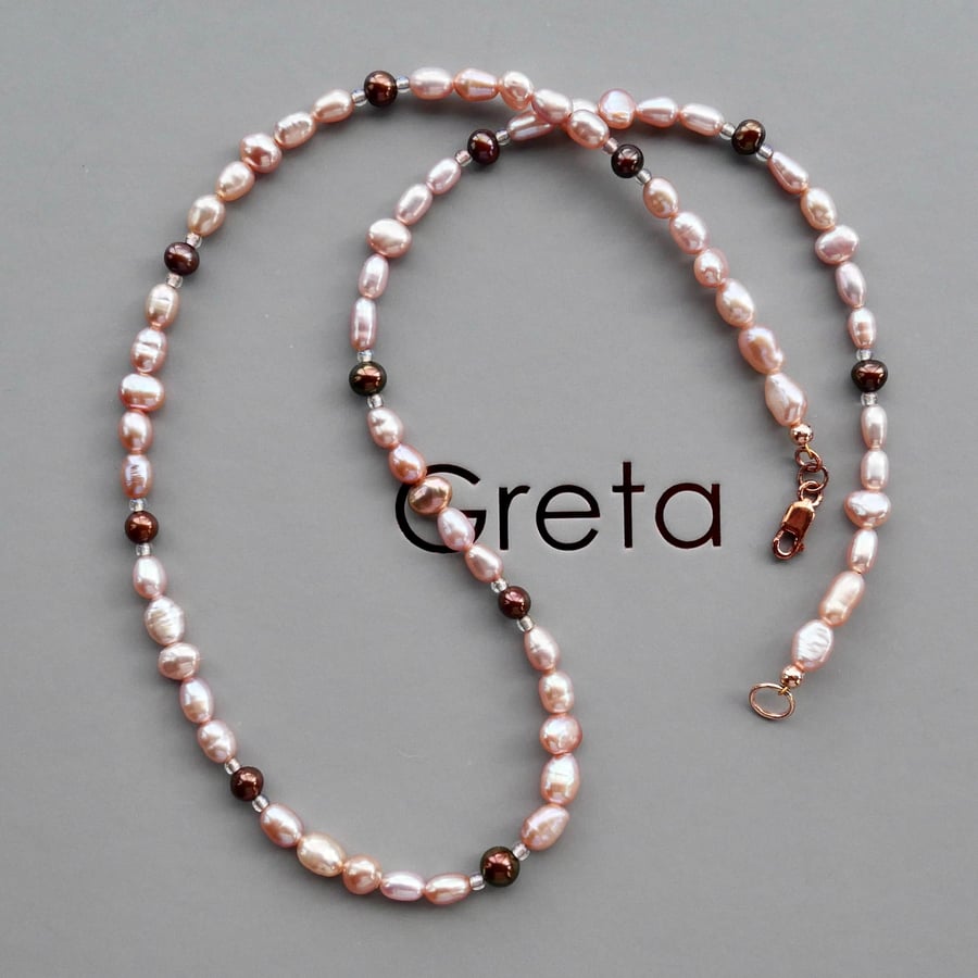 Mixed Pearl Necklace in Pale Pink and Brown - Rose Gold Filled Trigger Clasp