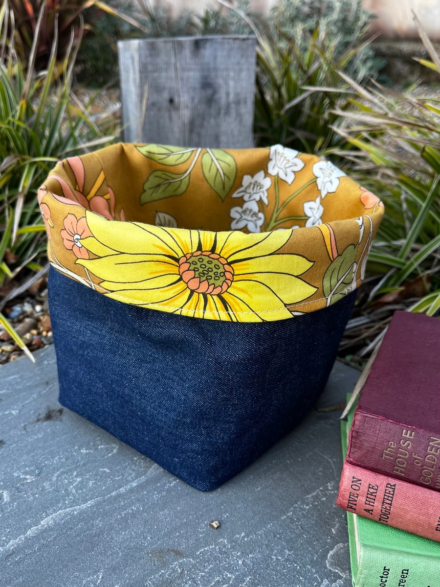 Vintage Cromer cotton and denim reversible storage basket plant pot