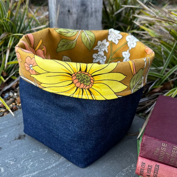 Vintage Cromer cotton and denim reversible storage basket plant pot