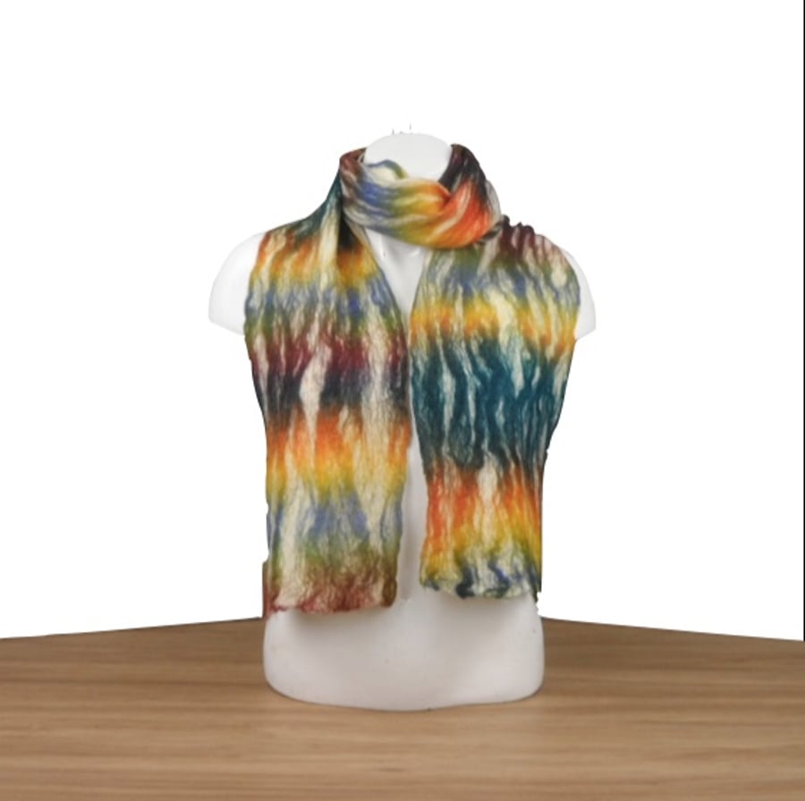 Felted scarf, white merino wool with space dyed wool decoration. SALE