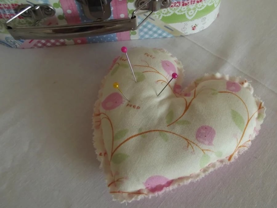 Bird Print Heart Shaped Pin Cushion Cream Pink