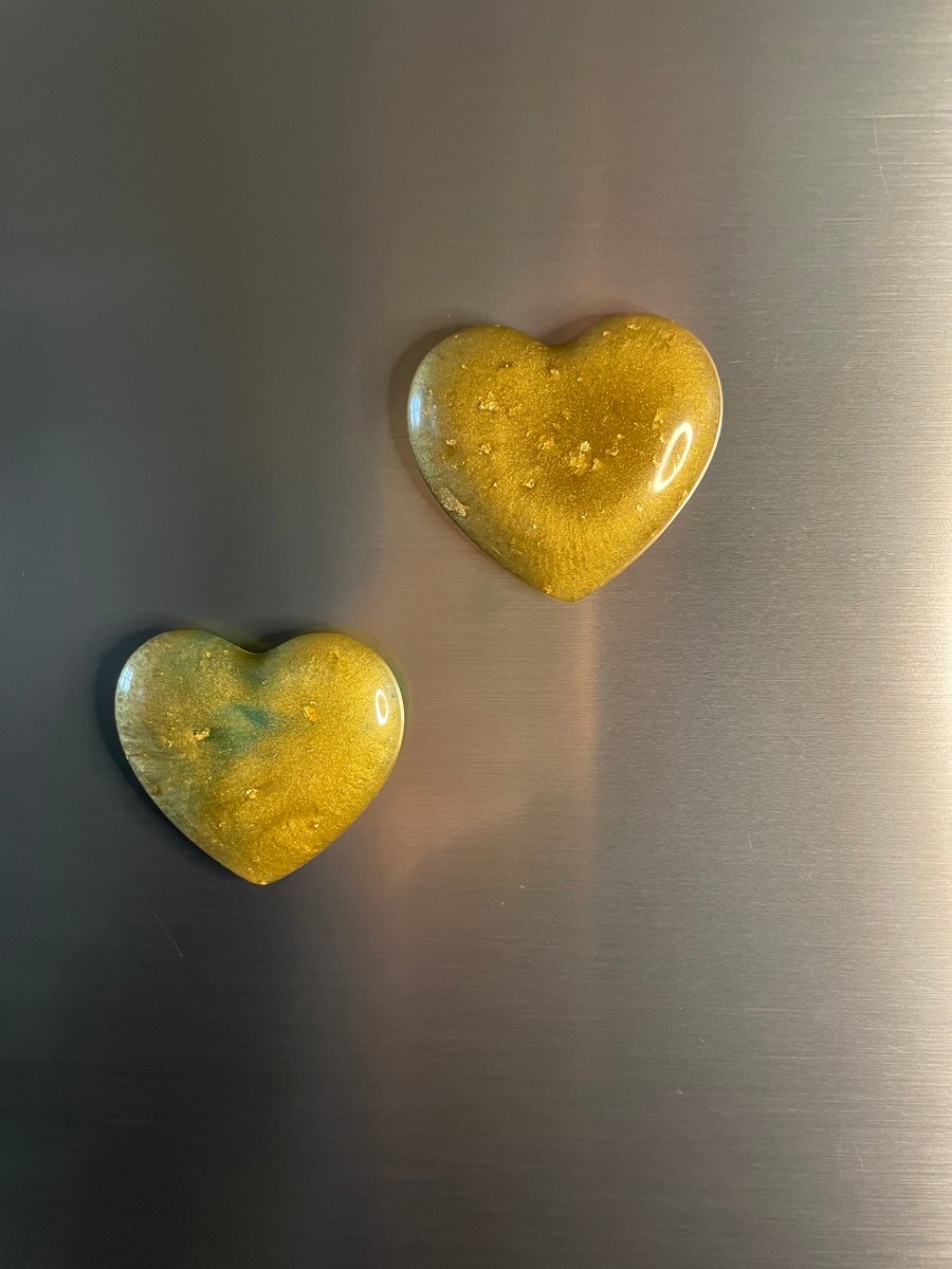 Dark gold and green heart magnets