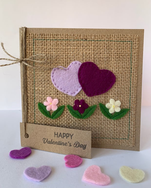 Handmade Valentines card. Hearts and flowers from wool felt. Keepsake card.