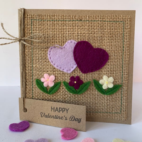 Handmade Valentines card. Hearts and flowers from wool felt. Keepsake card.
