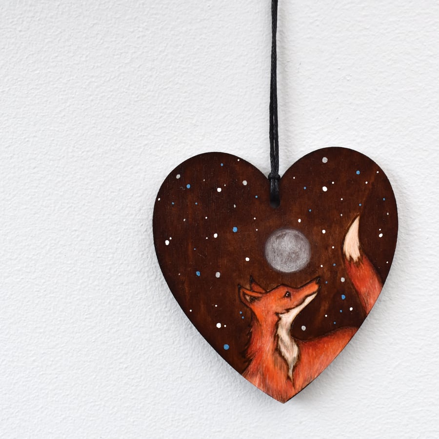 Fox and the moon, hand burned pyrography hanging heart decoration.