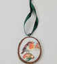 Christmas tree decorations - robins in the snow - pair of decoupaged wood slices - Image 2