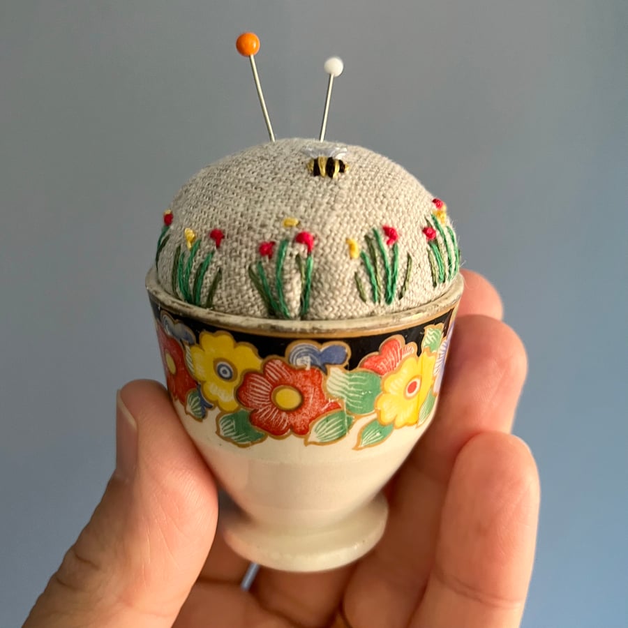 Vintage floral egg cup embroidered pin cushion