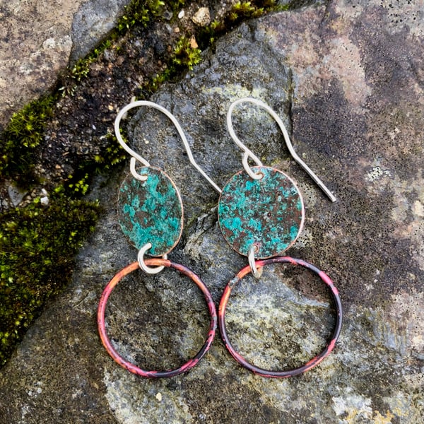 Verdigris and Red Copper Hoop Dangle Earrings