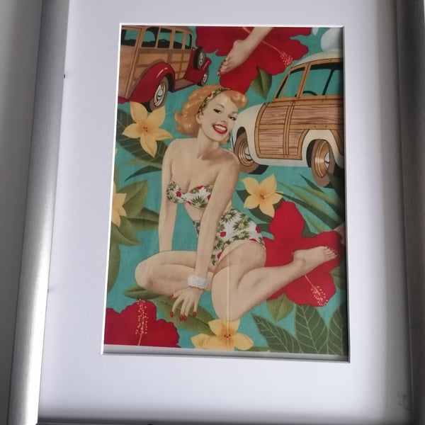 Original vintage Rare fabric 2 x Framed art work 1950s style Aloha Pin up girls 