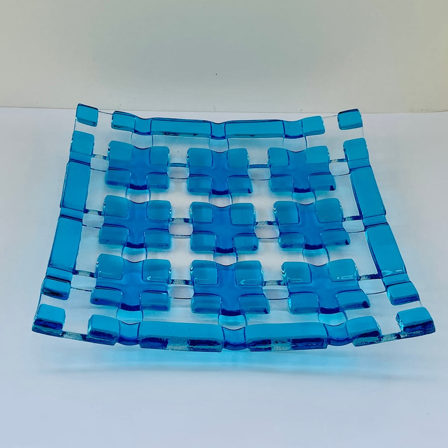 Fused glass open lattice squares decorative dish, turquoise and clear 