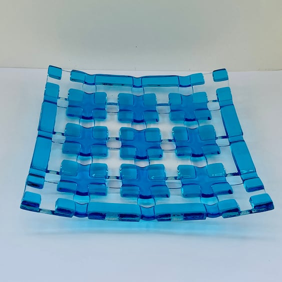 Fused glass open lattice squares decorative dish, turquoise and clear 