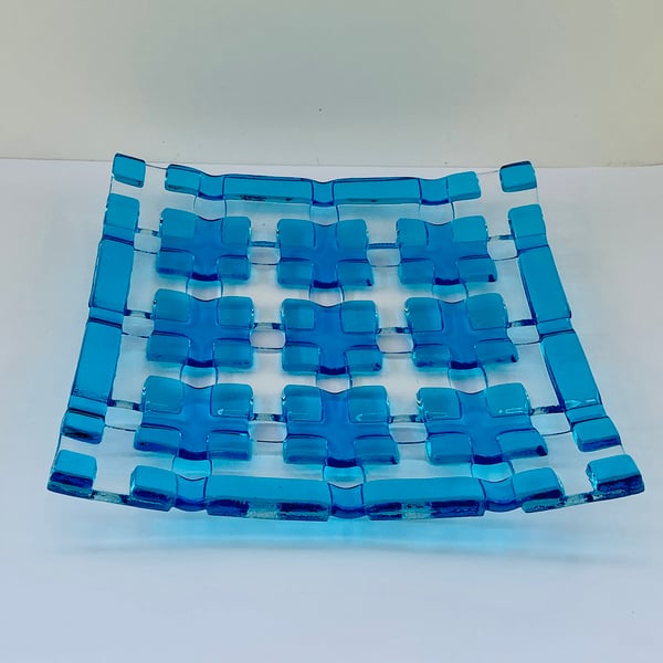 Fused glass open lattice squares decorative dish, turquoise and clear 