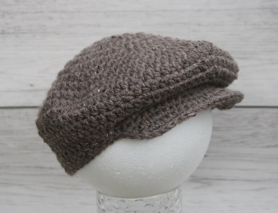 Crochet Newsboy Cap - Tawny Owl Brown Tweed - Sizes 0-3 Months Baby to Toddler