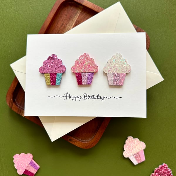 Glittery cupcake birthday card mini chef daughter greetings sweet tooth wife art