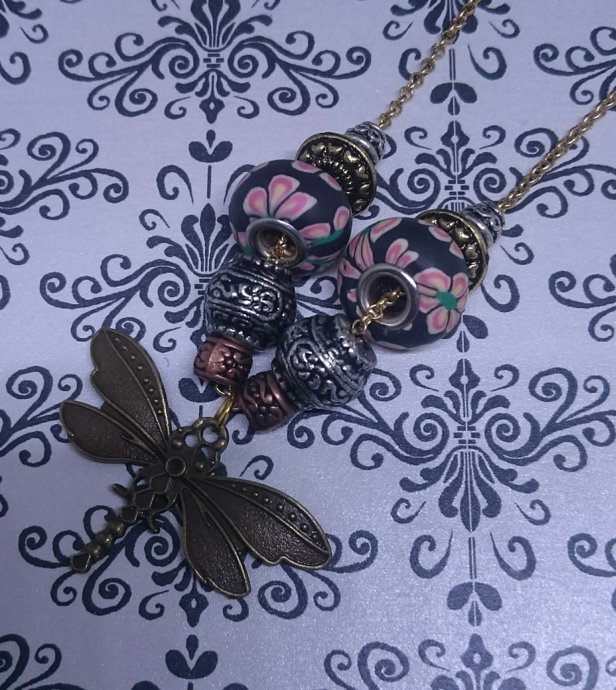 Eclectic Beaded Necklace with Antique Gold Dragonfly 