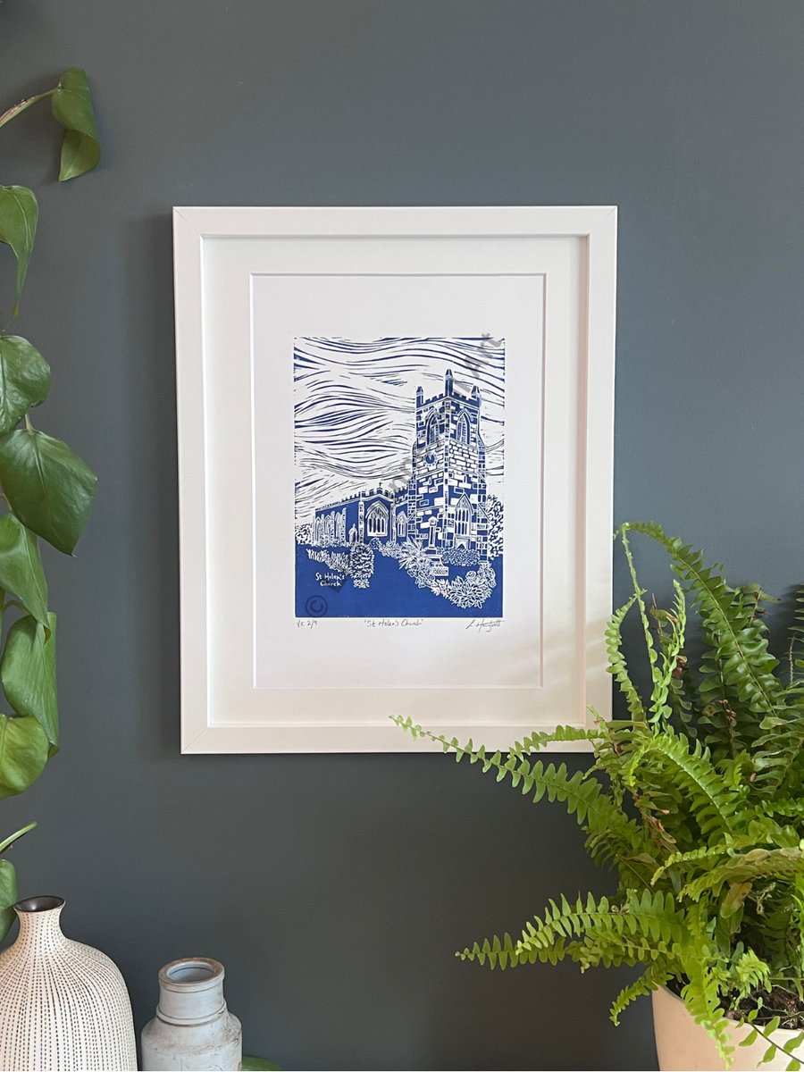 St Helens Church, Limited Edition Lino Print in Blue (A4)
